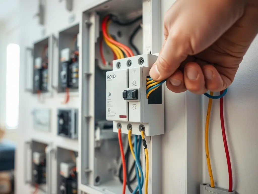 Elektryk podłącza wyłącznik różnicowoprądowy w rozdzielni, pokazując prawidłowe prowadzenie kolorowych przewodów.