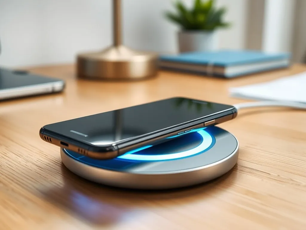 Smartfon na bezprzewodowej ładowarce z niebieską poświatą, ilustrujący działanie ładowania indukcyjnego w domu