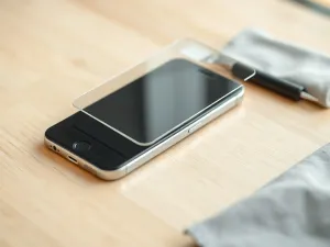 Nowoczesny iPhone na biurku obok laptopa i słuchawek bezprzewodowych, podkreślający elegancki, high-tech charakter urządzenia.