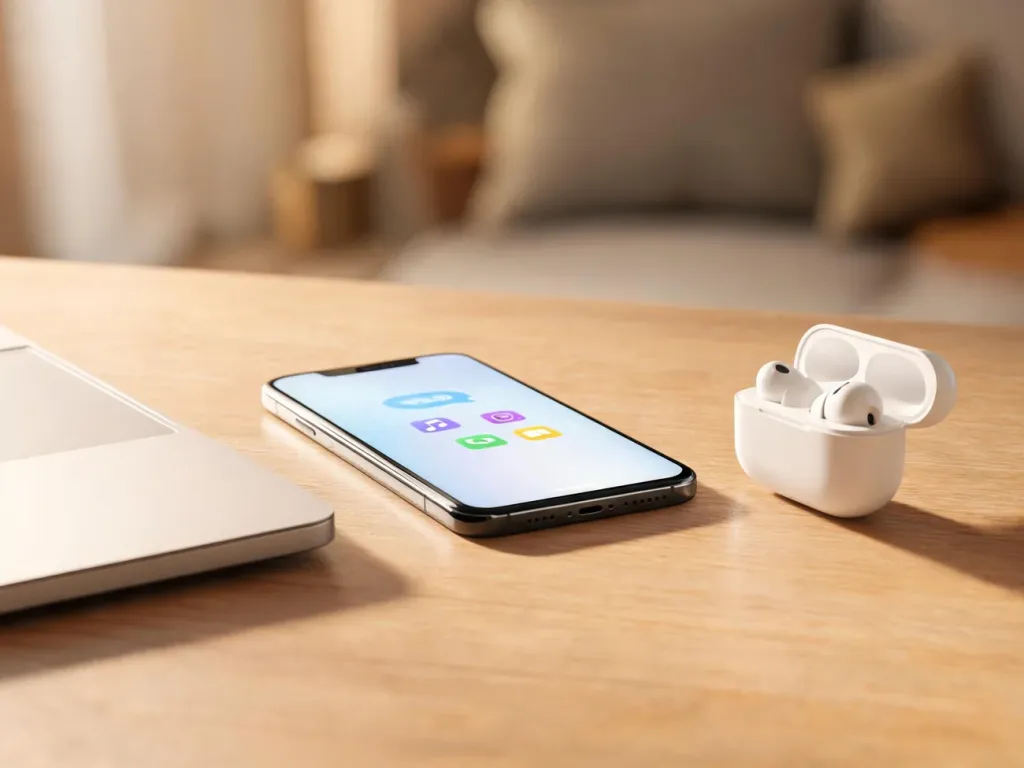 Nowoczesny iPhone na biurku obok laptopa i słuchawek bezprzewodowych, podkreślający elegancki, high-tech charakter urządzenia.