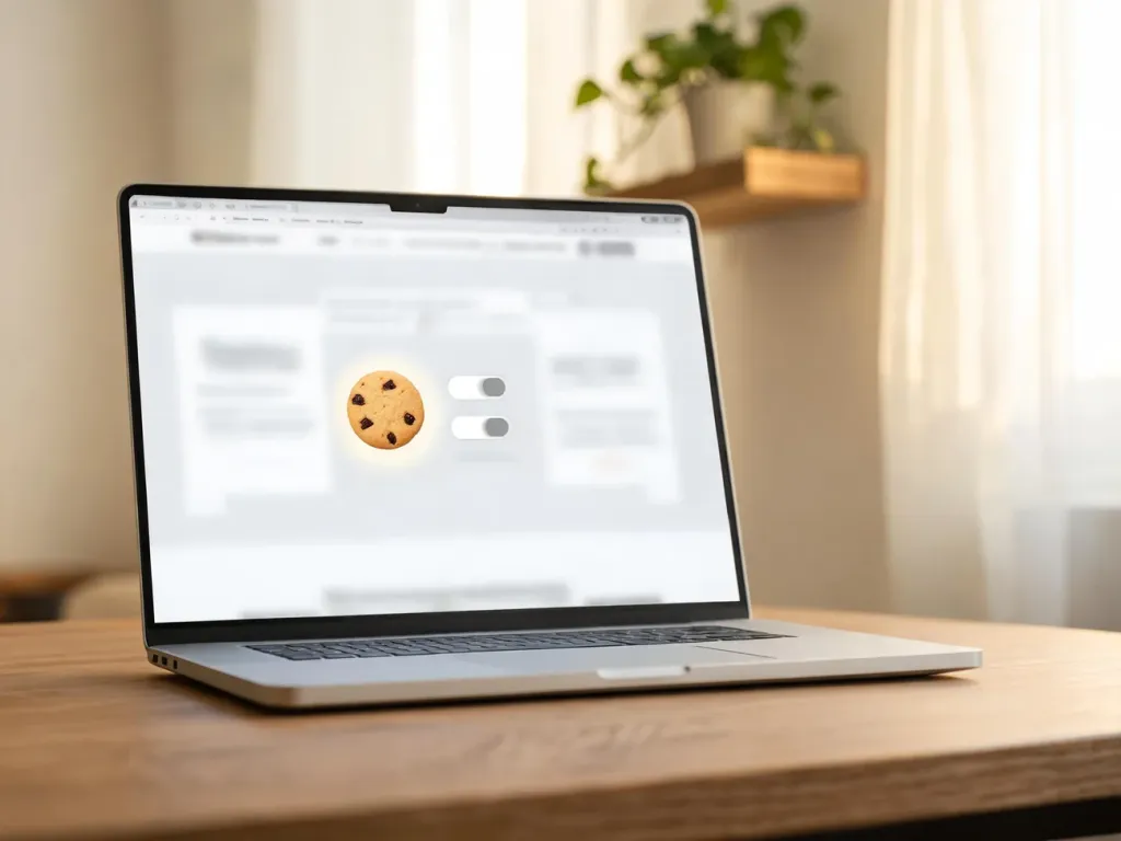 Laptop z otwartą stroną z ikoną ciasteczka i przełącznikami, ilustrujący powiadomienie o zgodzie na pliki cookies.