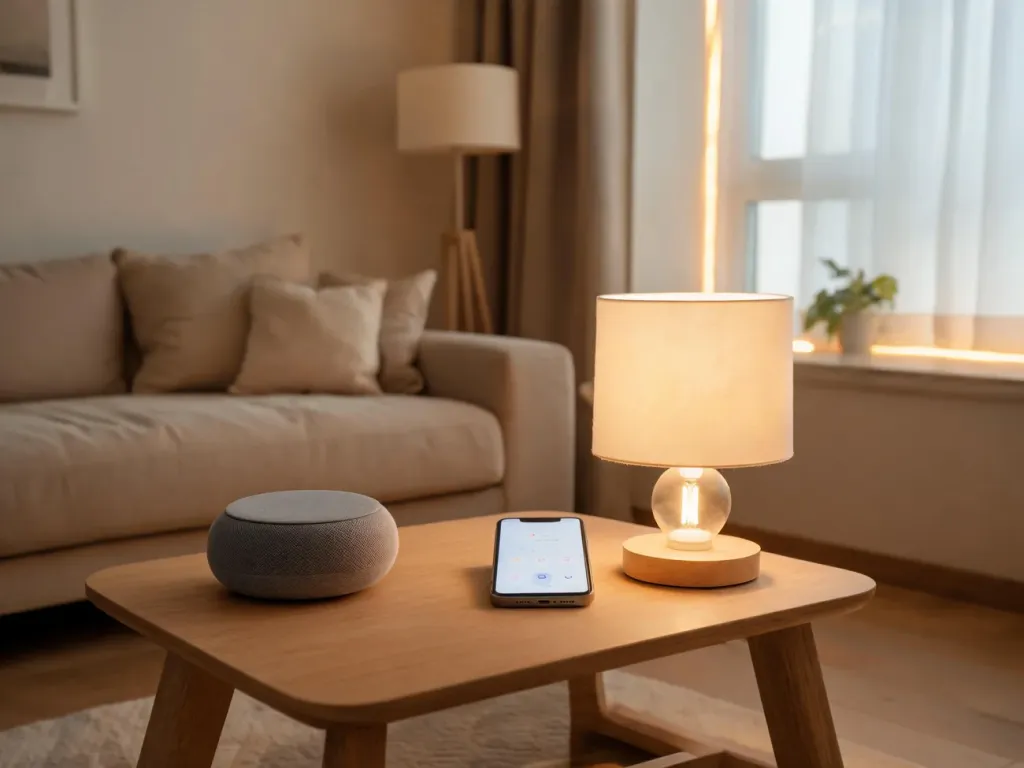 Przytulny salon z głośnikiem smart i telefonem z aplikacją smart home, podkreślający prosty start z inteligentnym domem.