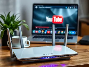 Mężczyzna siedzący na kanapie z telefonem w dłoni, korzystający z aplikacji streamingowej w przytulnym salonie.