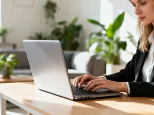 Profesjonalista pracujący przy laptopie w nowoczesnym biurze, ilustrujący proces logowania do systemu Teta ME.