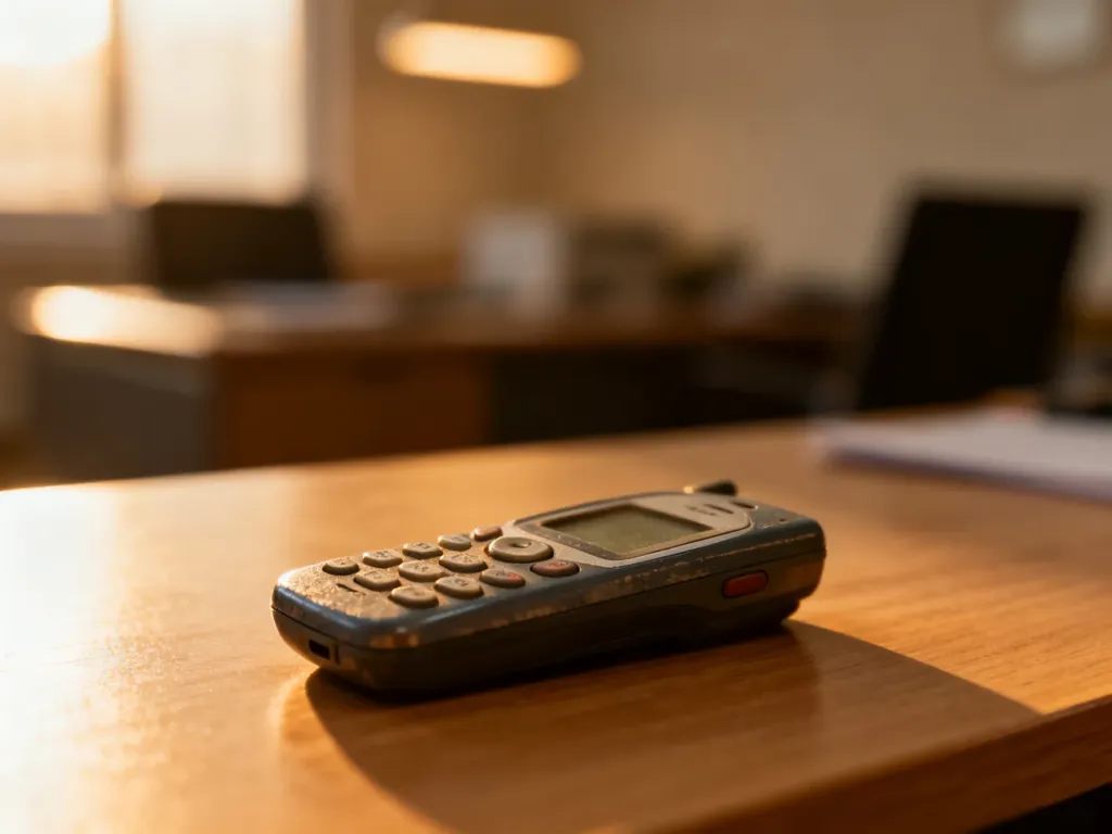 Klasyczna Nokia 3310 leżąca na drewnianym biurku w ciepłym świetle, przywołująca nostalgię za telefonami z początku lat 2000.