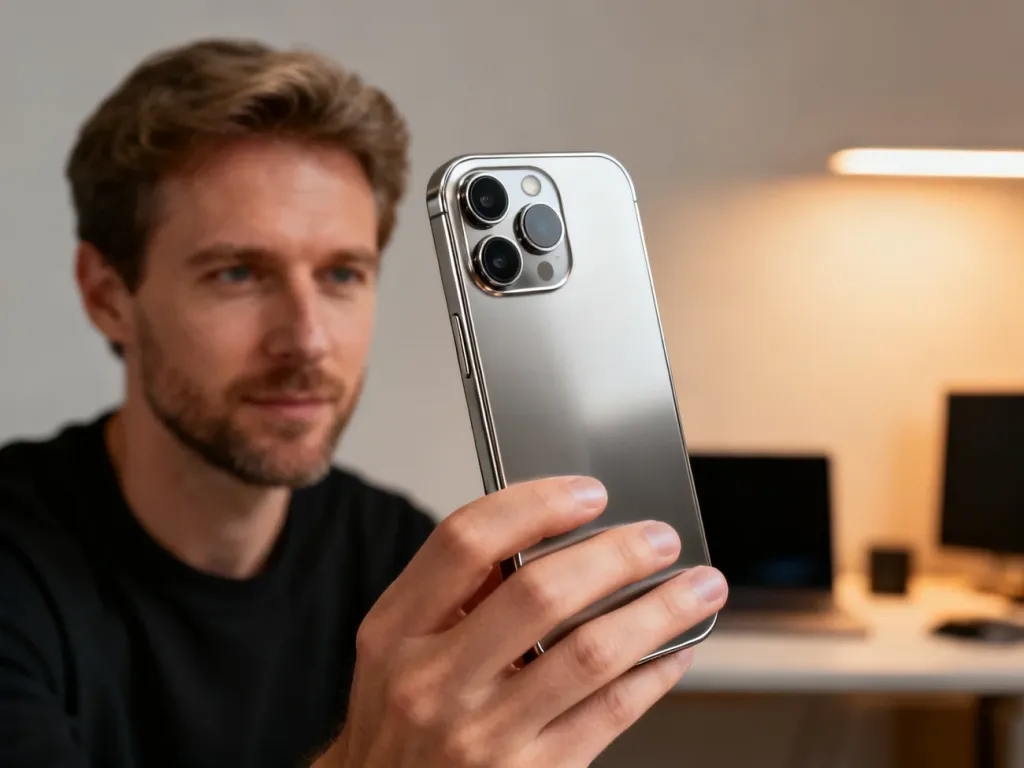 Mężczyzna trzymający Samsunga Galaxy S25 Ultra z tytanową ramką w minimalistycznym biurze. Widoczne szczegóły obiektywów aparatu.