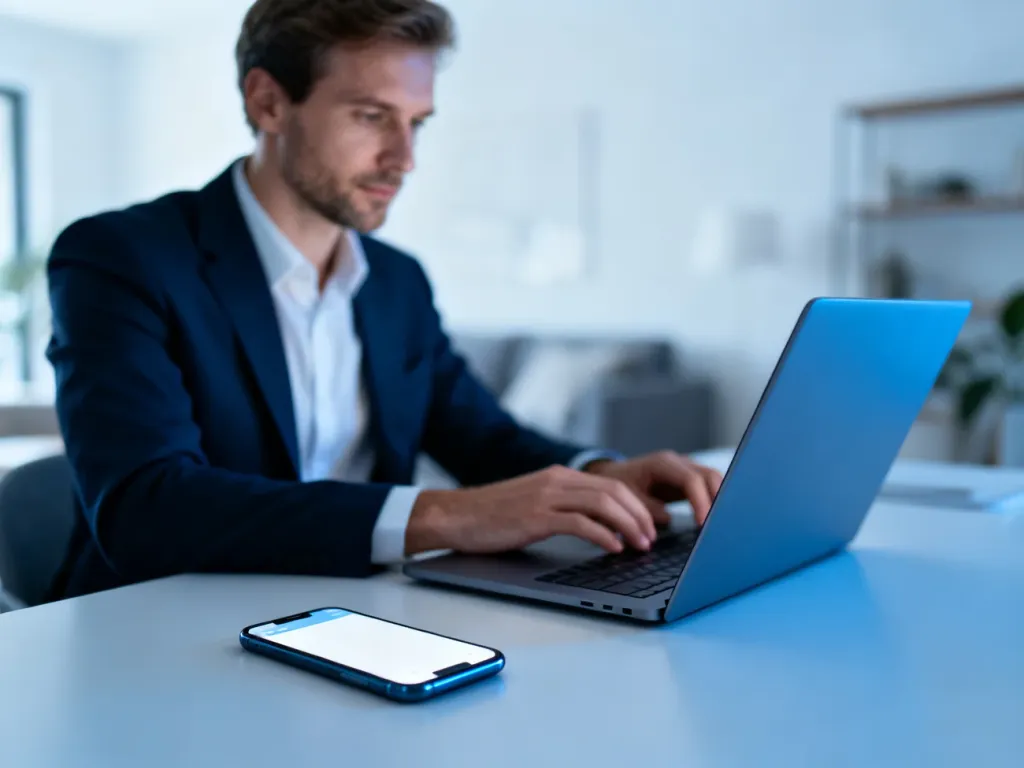 Mężczyzna pracujący przy laptopie i smartfonie w nowoczesnym biurze, symbolizujący wygodne zarządzanie usługami online.