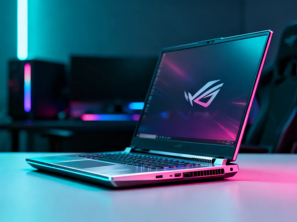Otwarty laptop gamingowy Lenovo Legion 5 Pro z podświetleniem w odcieniach cyjanu i magenty na nowoczesnym stanowisku.