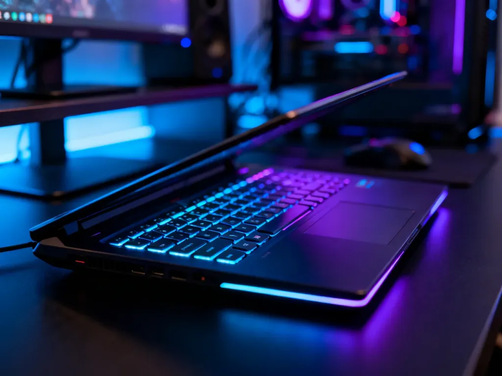 Laptop gamingowy Asus ROG Strix Scar 18 z podświetlaną klawiaturą RGB na nowoczesnym biurku w otoczeniu neonowego światła.