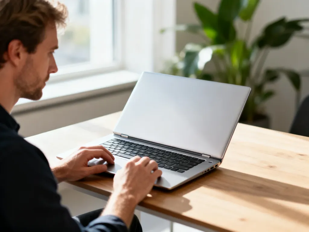 Srebrny MacBook Air 15 na drewnianym biurku w nowoczesnym biurze, przy którym pracuje mężczyzna.