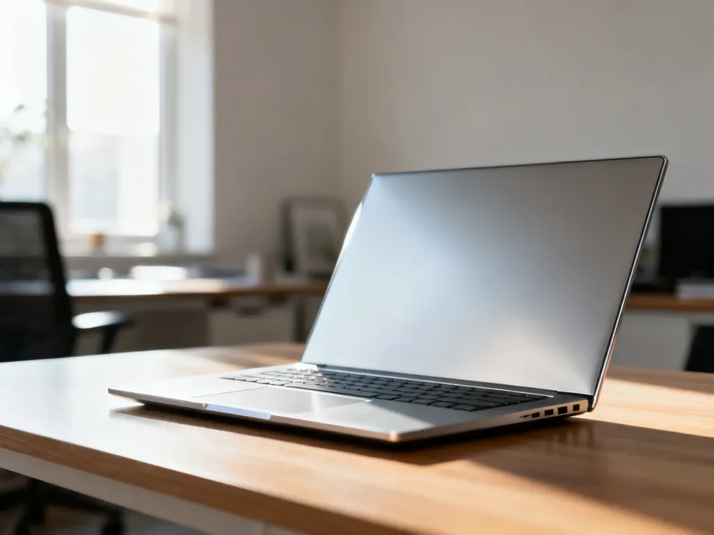 Srebrny ultrabook Asus Zenbook 14 OLED na minimalistycznym drewnianym biurku w jasnym, słonecznym domowym biurze.