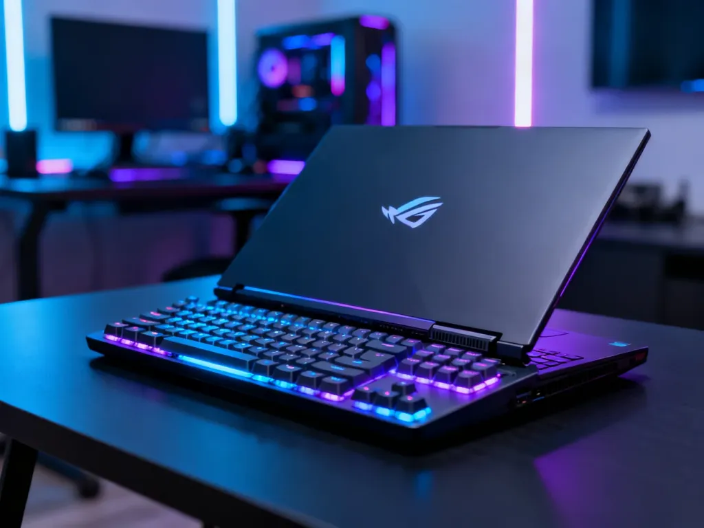 Nowoczesny laptop gamingowy HP Omen z podświetlaną klawiaturą RGB na minimalistycznym biurku w klimatycznym pokoju gracza.