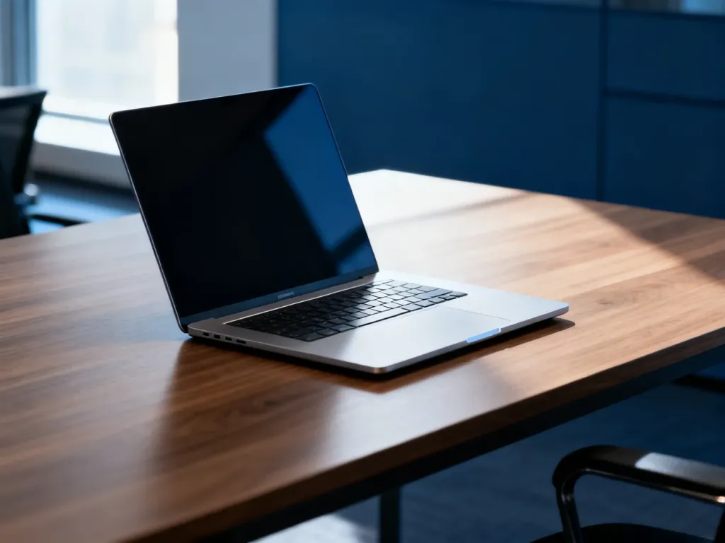 Elegancki laptop Dell Latitude 7490 na drewnianym biurku w nowoczesnym, profesjonalnym biurze.