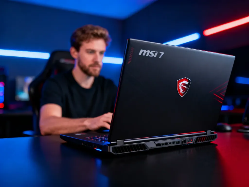 Laptop gamingowy MSI Katana 17 otwarty na biurku w nowoczesnym pokoju gracza z nastrojowym oświetleniem LED.