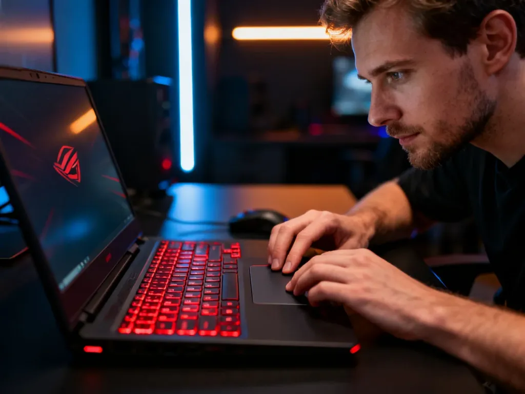 Gamingowy laptop HP Omen 16 z podświetlaną klawiaturą na biurku gracza w nastrojowym oświetleniu.