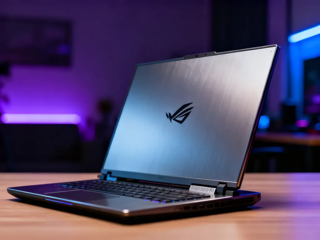 Otwarty laptop gamingowy Asus ROG Zephyrus G14 na minimalistycznym biurku w klimatycznym, profesjonalnym oświetleniu.
