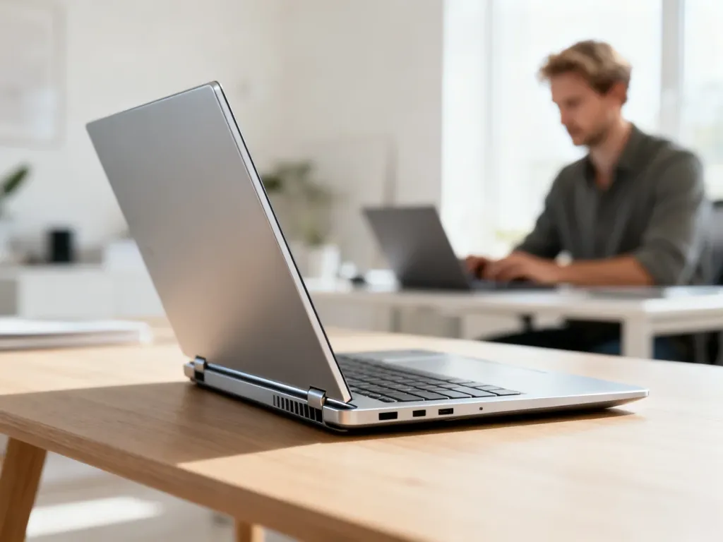 Elegancki laptop Lenovo Yoga 9i z zawiasem 360 stopni na drewnianym biurku w nowoczesnym domowym biurze.