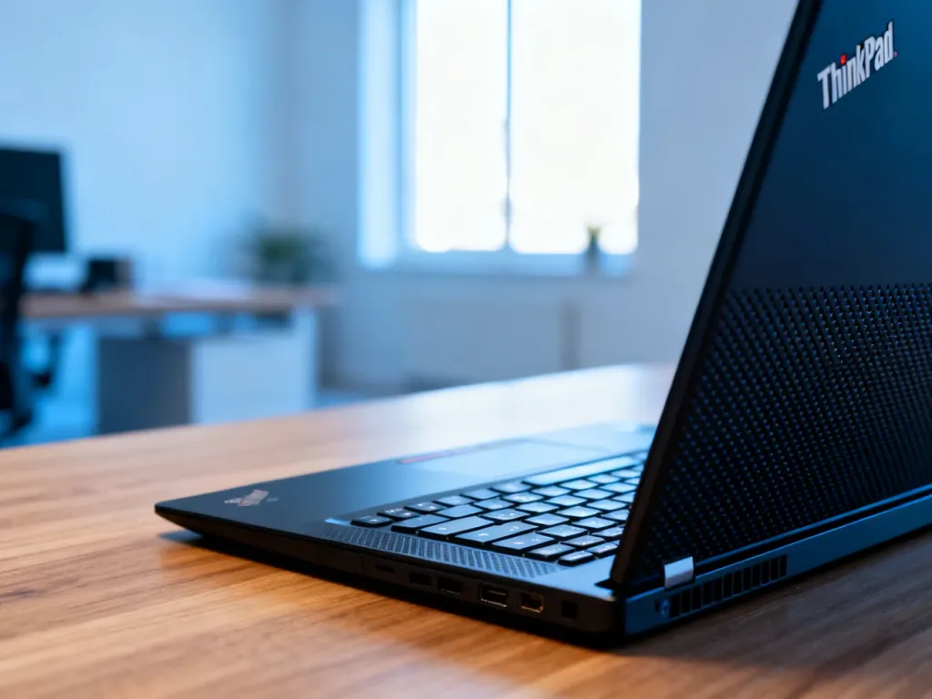 Nowoczesny laptop Lenovo ThinkPad na drewnianym biurku w minimalistycznym biurze domowym.