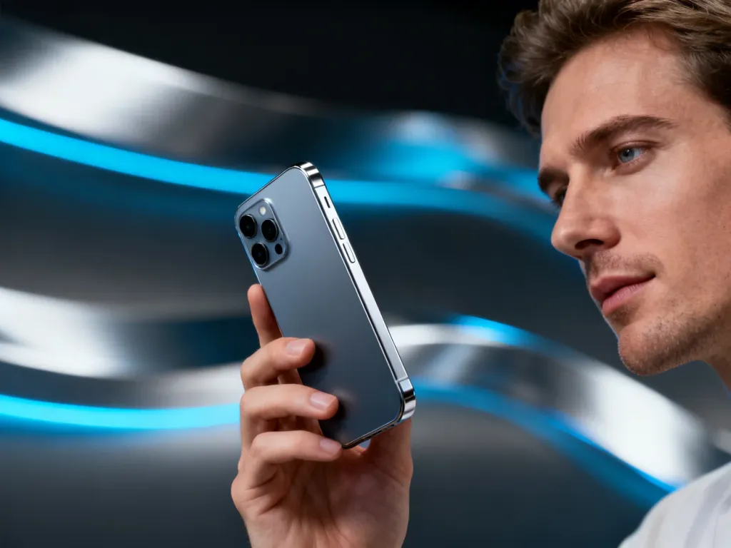Mężczyzna trzyma nowoczesny smartfon Samsung Galaxy S25 o minimalistycznym designie na tle futurystycznych świateł.