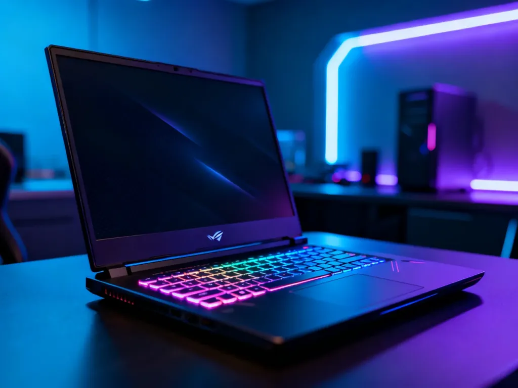 Otwarty laptop gamingowy Asus ROG Strix G16 z podświetlaną klawiaturą RGB na tle futurystycznego pokoju gracza.