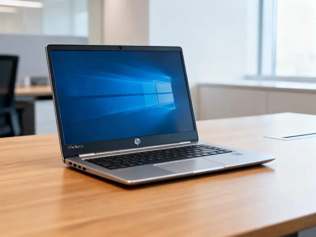 Elegancki laptop HP EliteBook 840 G8 otwarty na minimalistycznym drewnianym biurku w nowoczesnym biurze.