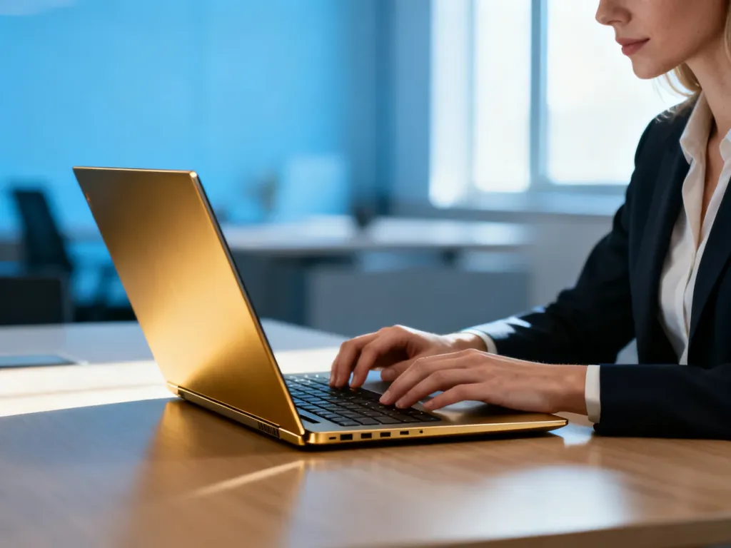 Smukły laptop Huawei MateBook X Pro na drewnianym biurku w nowoczesnym, słonecznym biurze podczas pracy.