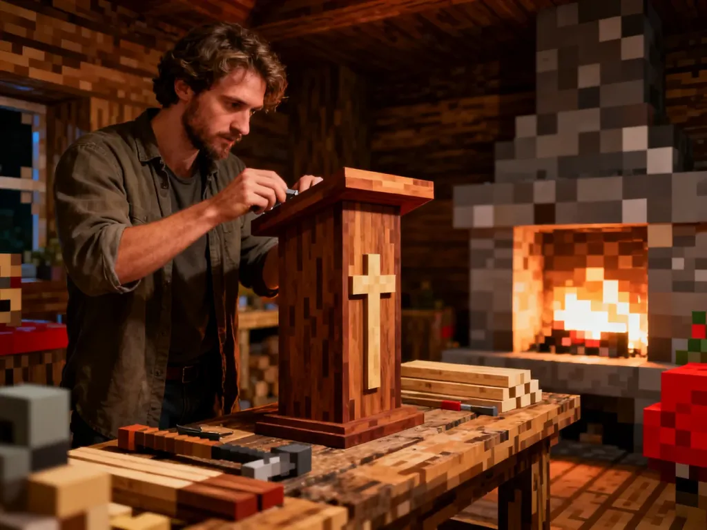 Postać tworząca drewniany pulpit na stole rzemieślniczym w przytulnej chacie w świecie Minecraft.