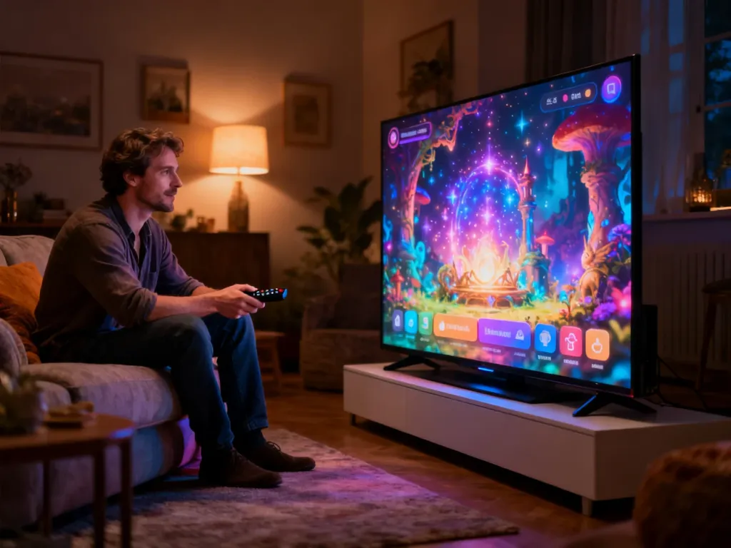 Mężczyzna siedzący na kanapie przed telewizorem z włączonym interfejsem platformy streamingowej Disney+.