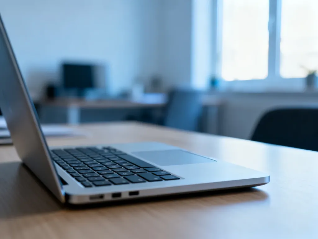 Srebrny laptop Dell Latitude 5420 otwarty na minimalistycznym drewnianym biurku w jasnym, profesjonalnym domowym biurze.