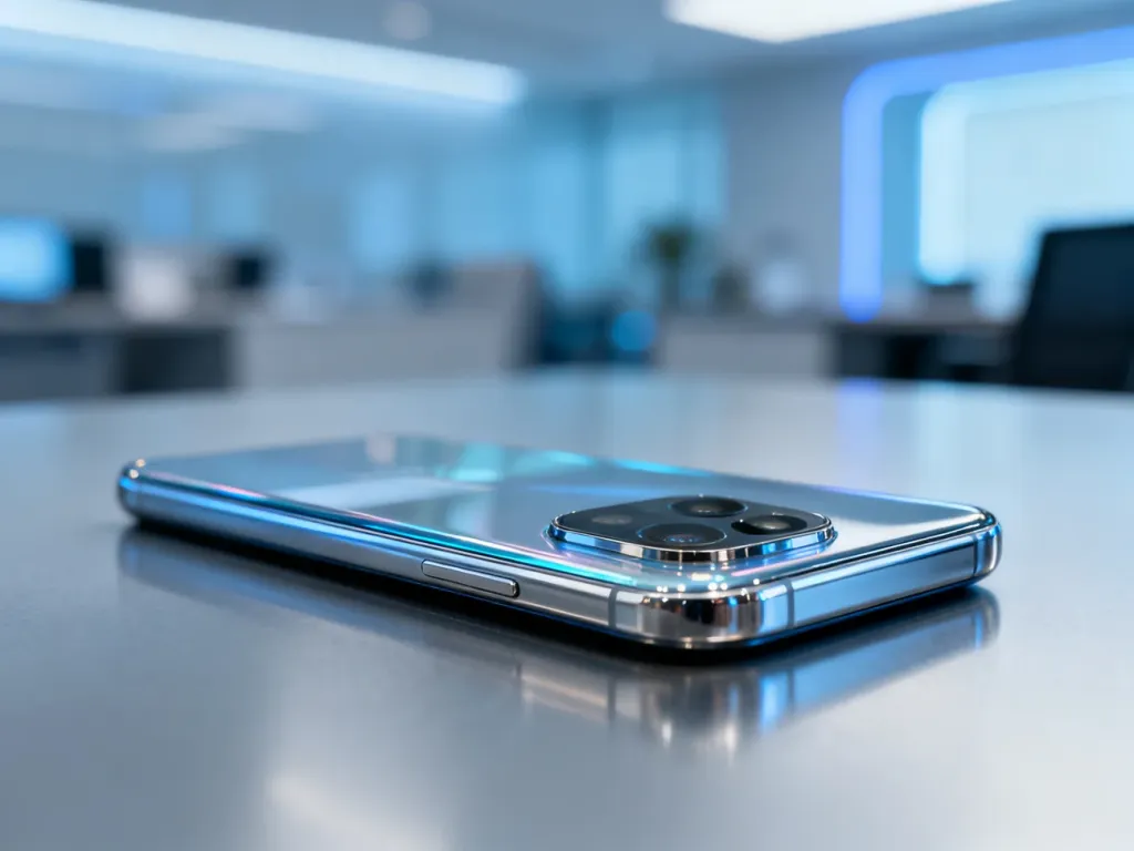 Nowoczesny smartfon Samsung Galaxy na minimalistycznym, metalicznym tle w profesjonalnym oświetleniu studyjnym.