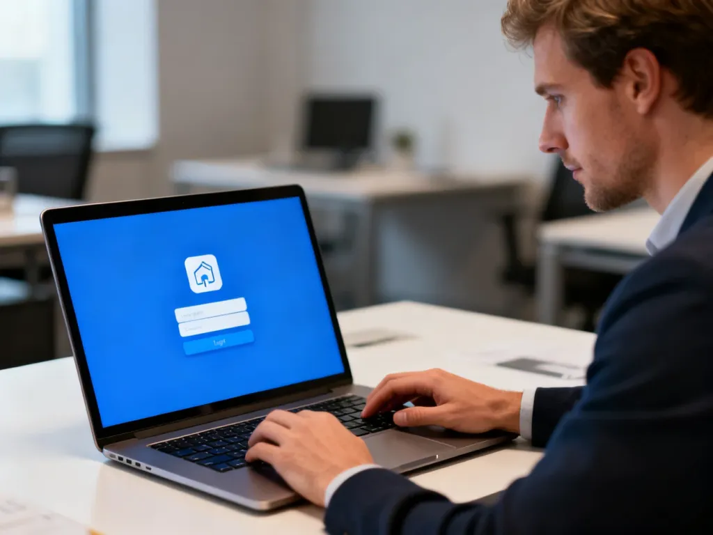 Mężczyzna pracujący przy laptopie z widocznym ekranem logowania do systemu Merlin X w nowoczesnym biurze.