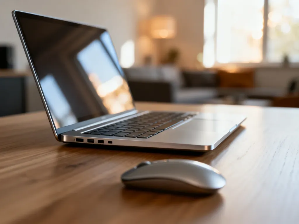Elegancki ultrabook Acer Swift Go 14 na minimalistycznym drewnianym biurku w jasnym, domowym biurze.