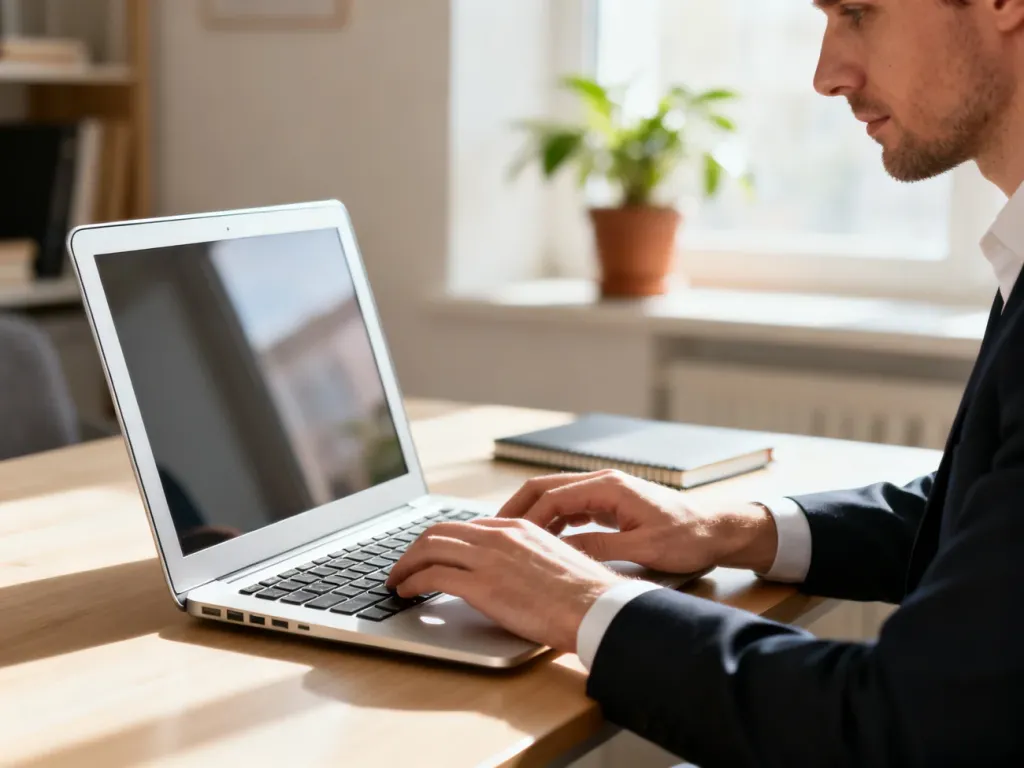 Otwarty srebrny laptop Samsung Galaxy Book 4 na drewnianym biurku, przy którym pracuje mężczyzna w jasnym biurze.