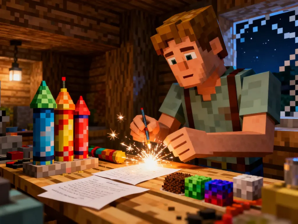Gracz tworzy kolorowe fajerwerki na stole rzemieślniczym wewnątrz drewnianego domu w świecie Minecrafta.