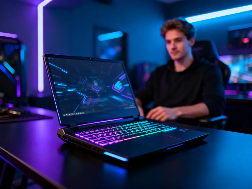 Laptop gamingowy Lenovo Legion 7i z podświetlaną klawiaturą RGB na biurku w nowoczesnym pokoju gracza.