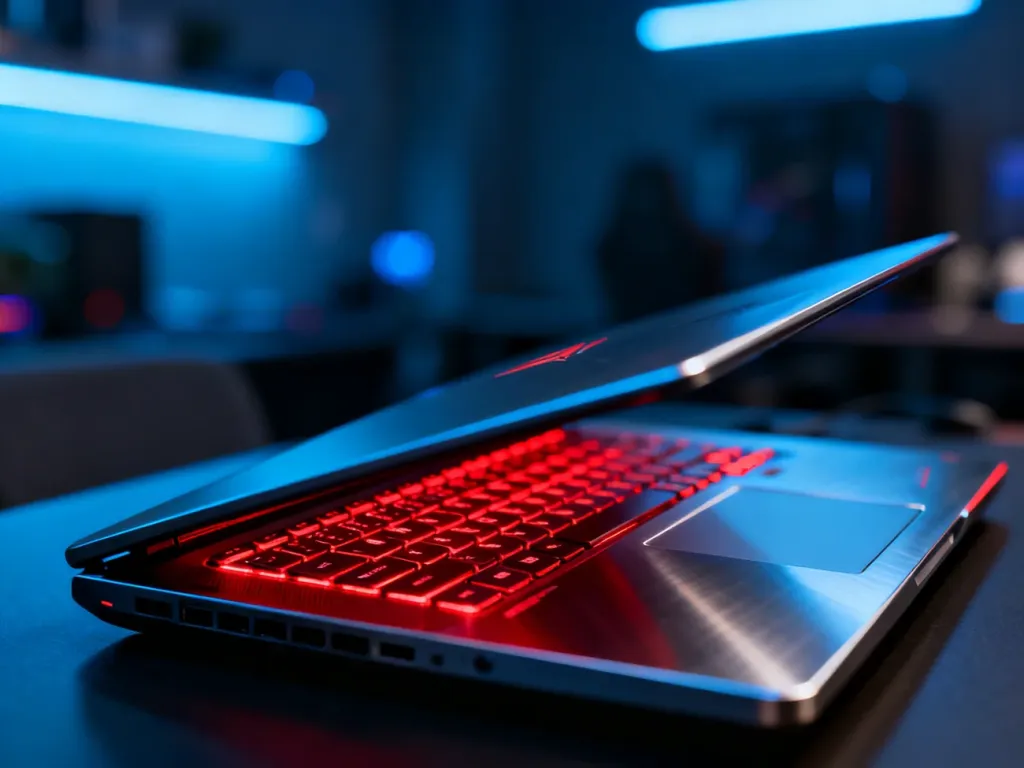 Gamingowy laptop MSI Katana 15 z podświetlaną na czerwono klawiaturą w nowoczesnym, przyciemnionym pokoju gracza.