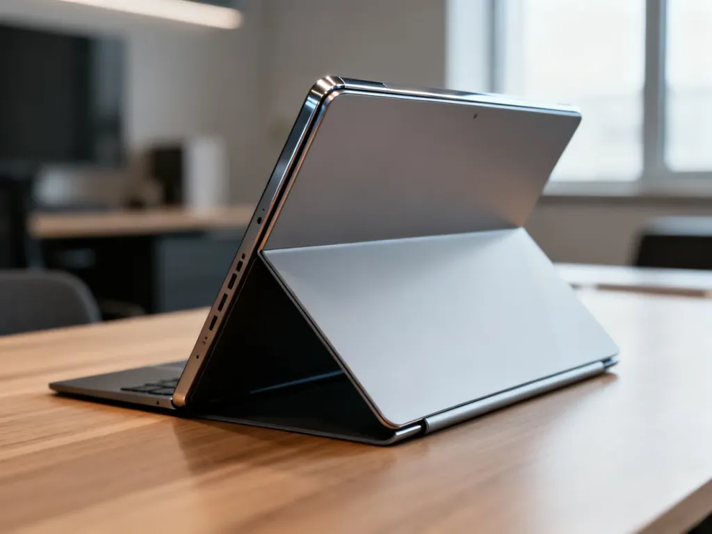 Elegancki laptop HP Spectre x360 14 w trybie namiotu ustawiony na drewnianym biurku w nowoczesnym domowym biurze.