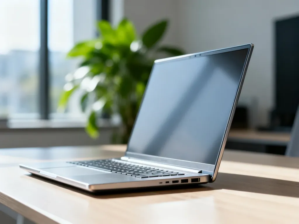 Otwarty MacBook Pro 16 cali na minimalistycznym biurku w nowoczesnym biurze domowym.