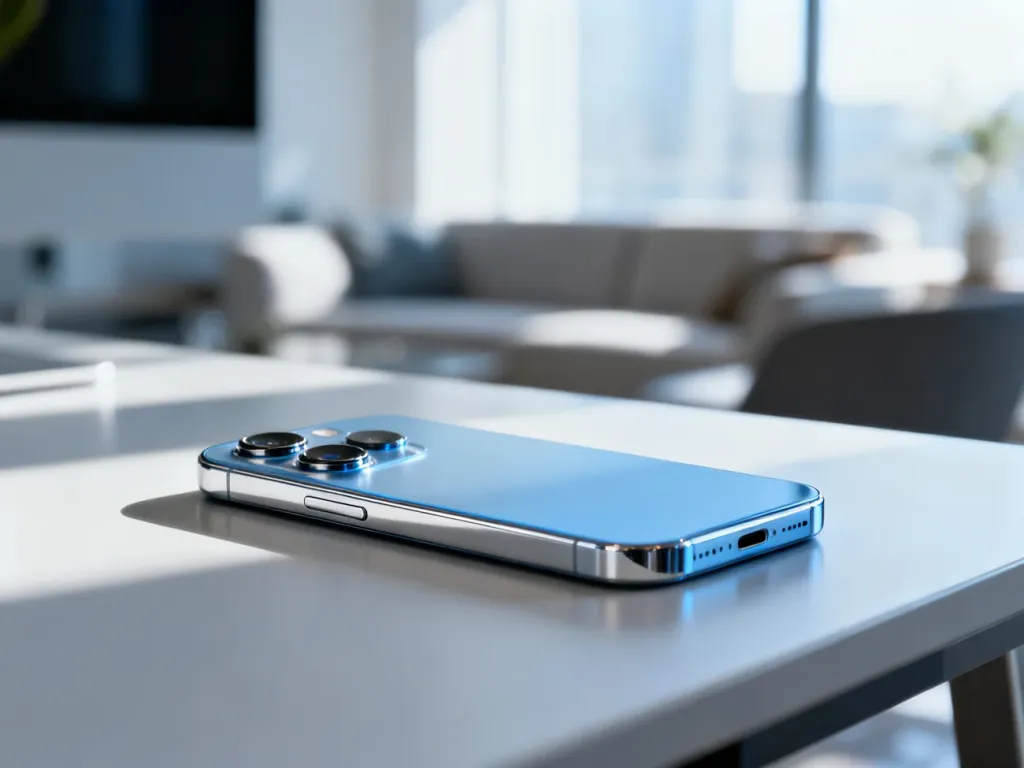 Elegancki smartfon Samsung Galaxy S24 z widocznymi obiektywami aparatu i metalicznym wykończeniem na minimalistycznym biurku.