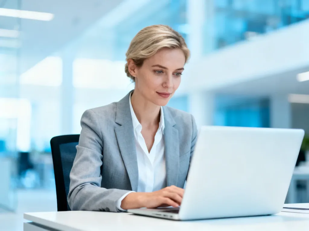 Kobieta pracująca przy laptopie w nowoczesnym biurze, skupiona na obsłudze systemu w profesjonalnym otoczeniu.