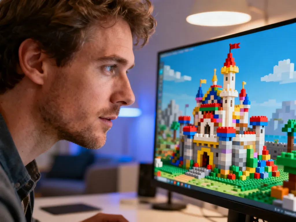 Mężczyzna skupiony na budowaniu skomplikowanego, kolorowego zamku z klocków w grze Minecraft na ekranie komputera.