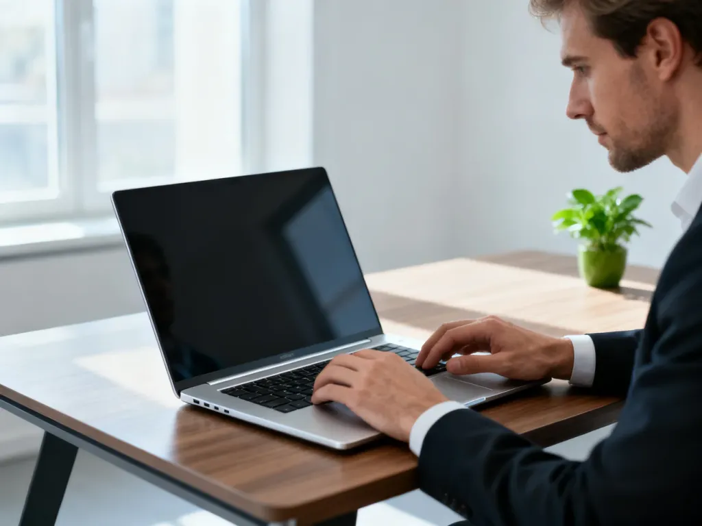 Elegancki laptop Dell XPS 15 na biurku w minimalistycznym biurze, przy którym pracuje profesjonalista.