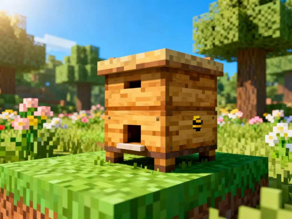 Drewniany ul w Minecraft postawiony na zielonej trawie w słonecznym, pikselowym lesie.