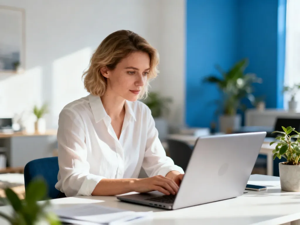 Kobieta pracująca przy laptopie w jasnym, nowoczesnym biurze, symbolizująca efektywne korzystanie z poczty e-mail.