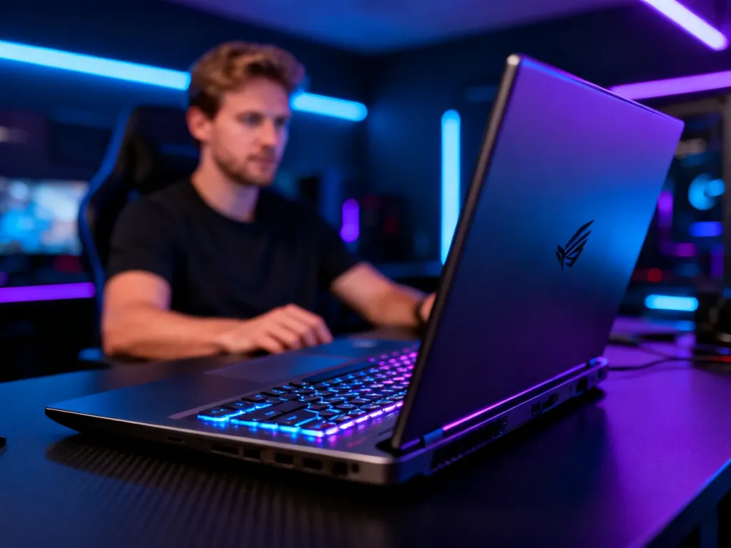 Nowoczesny laptop gamingowy Lenovo LOQ 15 z podświetlaną klawiaturą na tle przyciemnionego stanowiska gracza.