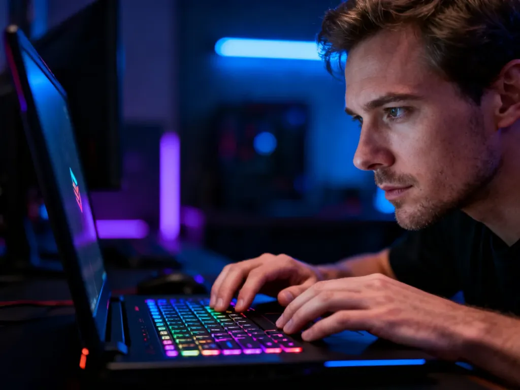 Gracz korzystający z laptopa Acer Predator Helios 300 z podświetlaną klawiaturą w nastrojowym, gamingowym pokoju.