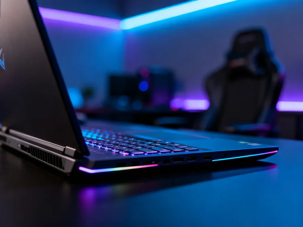 Gamingowy laptop Lenovo Legion 5 z podświetlaną klawiaturą na nowoczesnym biurku w klimatycznym, przyciemnionym pokoju.