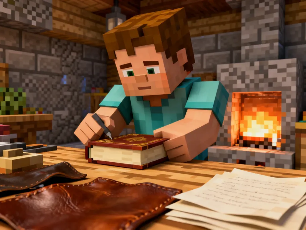 Postać tworząca książkę na drewnianym stole rzemieślniczym wewnątrz przytulnego domu w grze Minecraft.