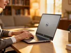 Smukły laptop Huawei MateBook X Pro na drewnianym biurku w nowoczesnym, słonecznym biurze podczas pracy.