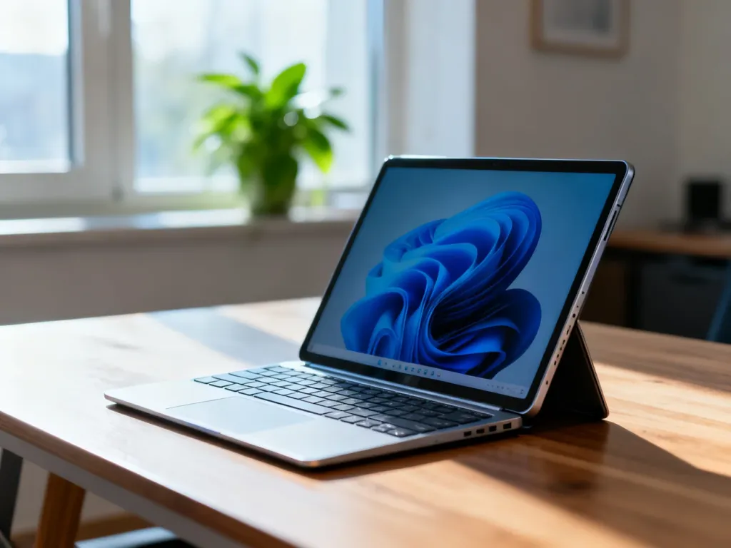 Nowoczesny laptop 2 w 1 Microsoft Surface Pro 11 ustawiony na minimalistycznym drewnianym biurku w słonecznym biurze.